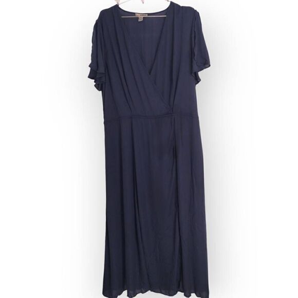 Love X Design Womens Maxi Sz 2X Navy VNeck Flutter‎ Sleeve Chiffon Plus Formal - Picture 1 of 13